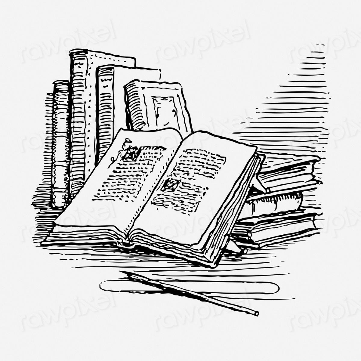 A black and white drawing of a stack of old books.  One is open, with a quill nearby.