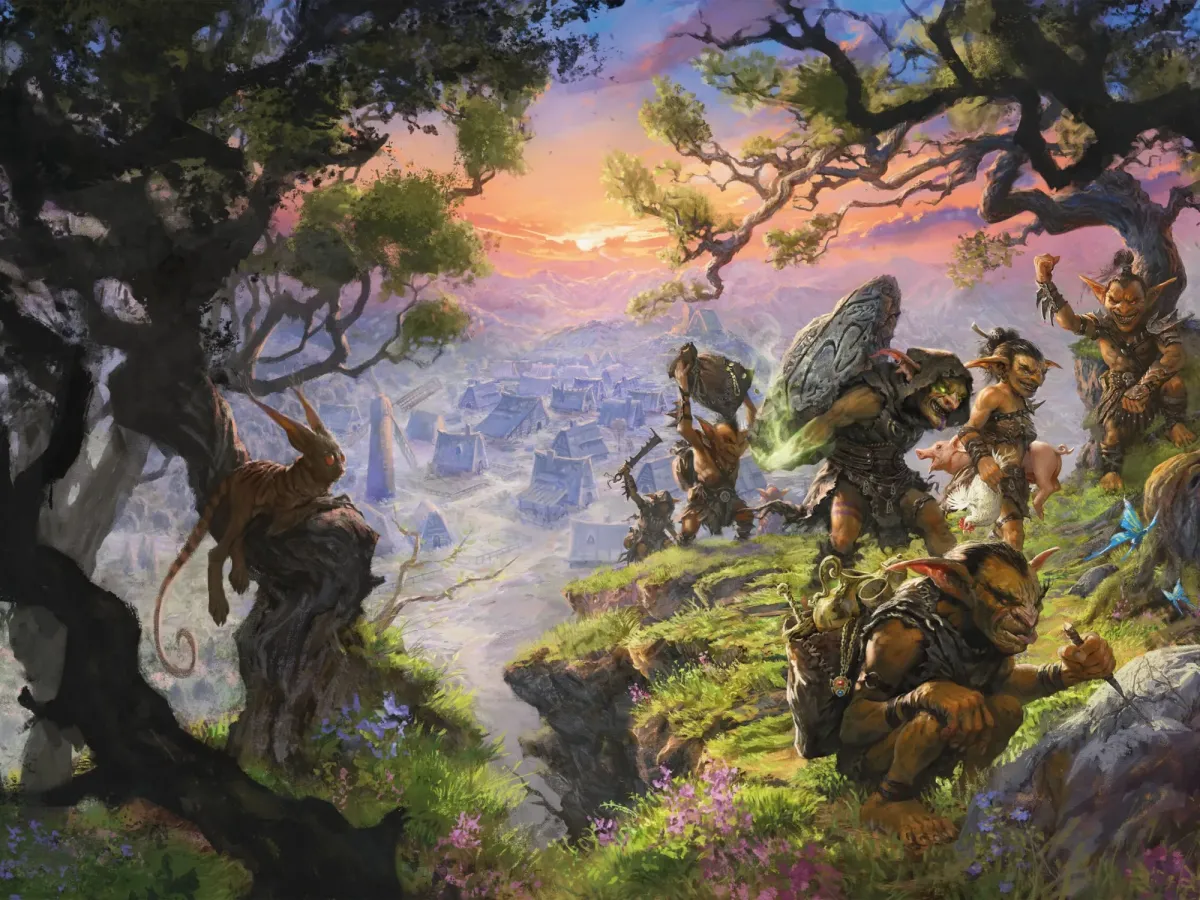 a group of goblins on the edge of a cliff carrying magical looking rocks