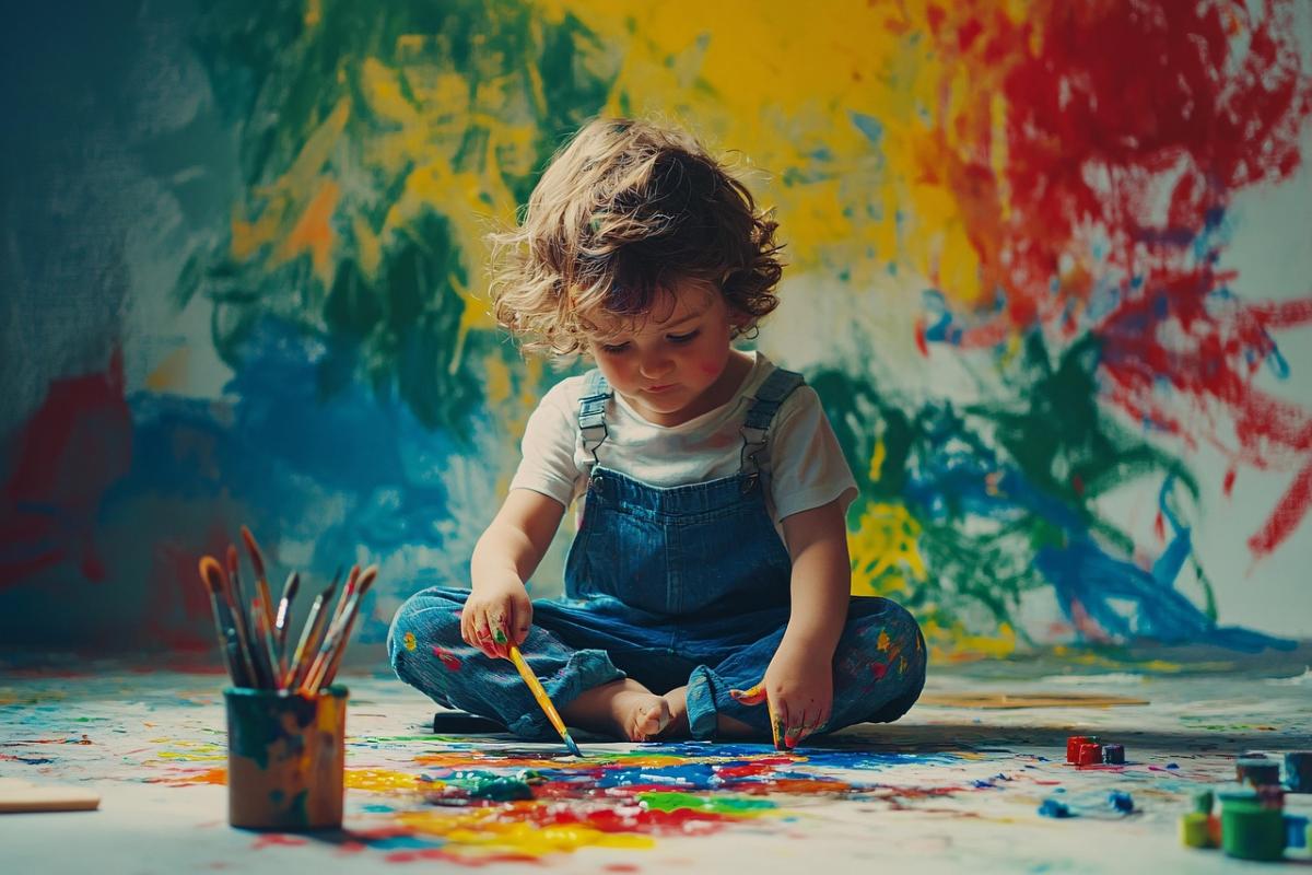 child in overalls with paintbrush and paint