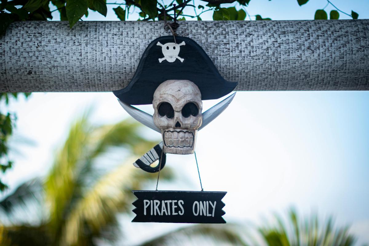 fake skull with a pirate hat, sword, and sign that says pirates