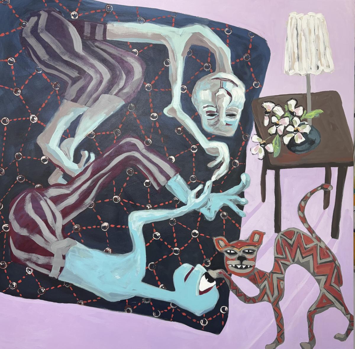 Two elongated, bluish humanoid figures lie intertwined on a dark, patterned bedspread.
