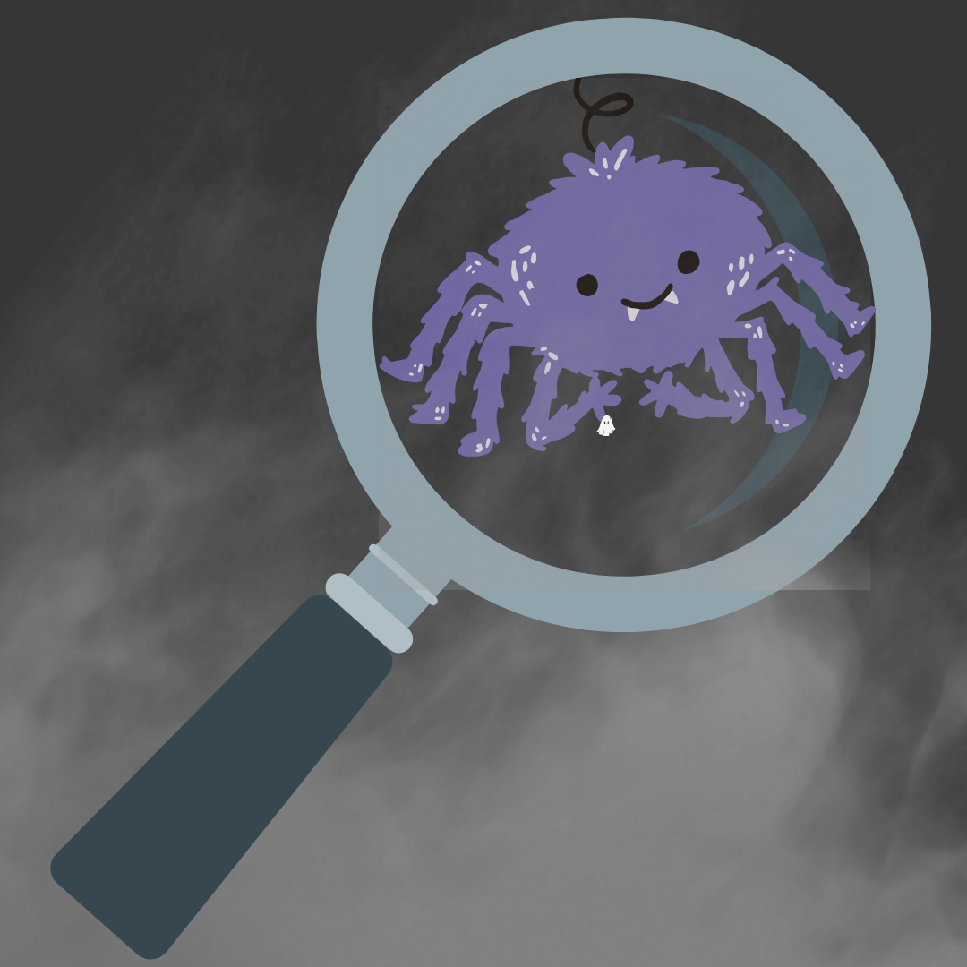a magnifying glass looking at a purple cartoon spider with a foggy background