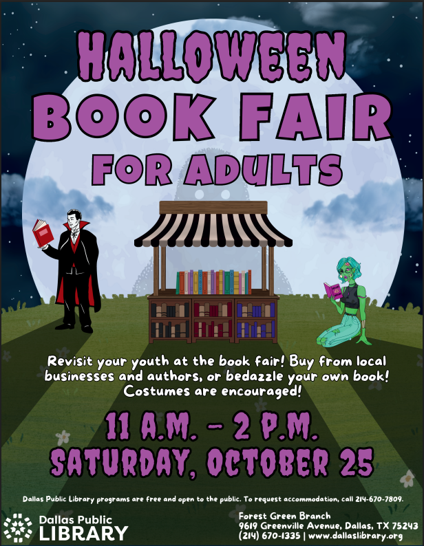 A flyer featuring a vampire and a zombie reading next to a book fair stall.