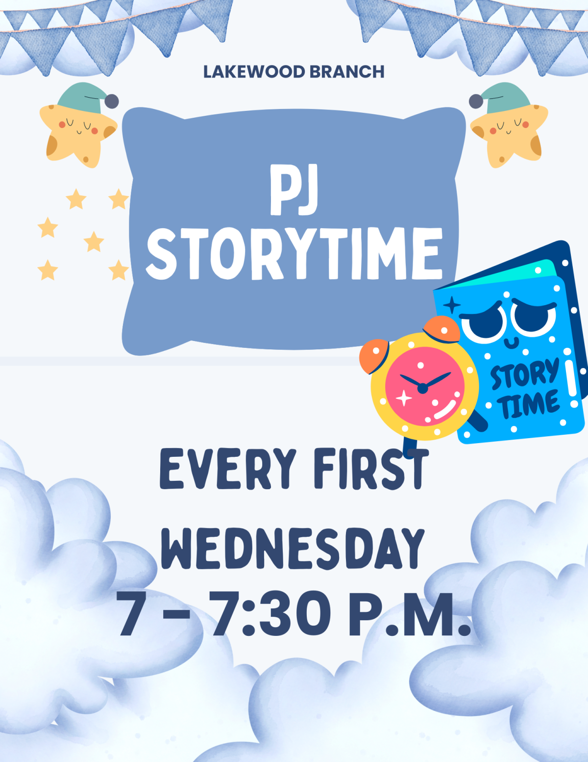 PJ Storytime, every first Wednesday, 7 to 7:30