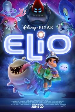 The movie poster for "Elio" features a young boy surrounded by various aliens.