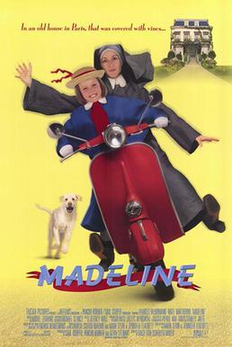 The movie poster for Madeline features a young girl and a nun riding on a Vespa scooter.