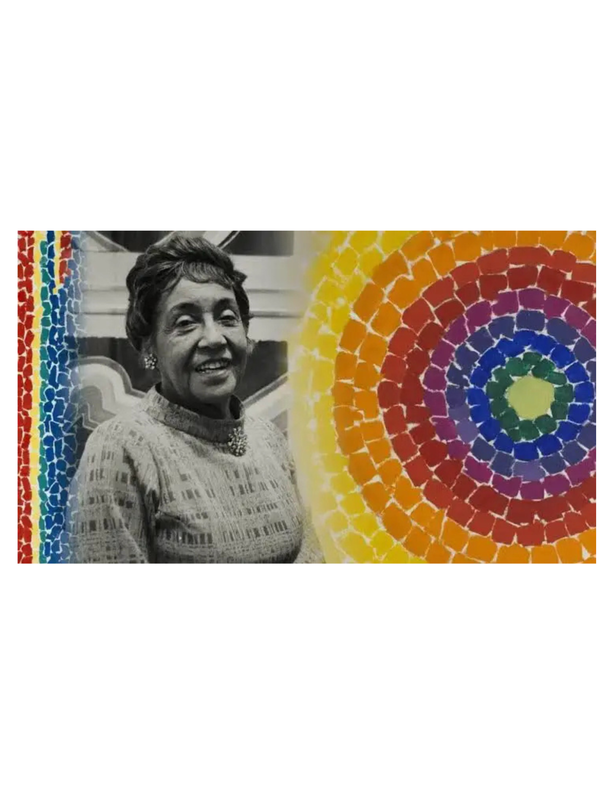 A picture of Alma Thomas flanked by her art