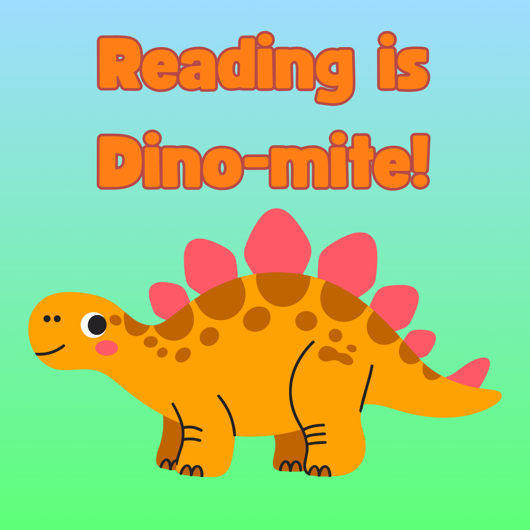 reading is dinomite, cartoon stegosaurus