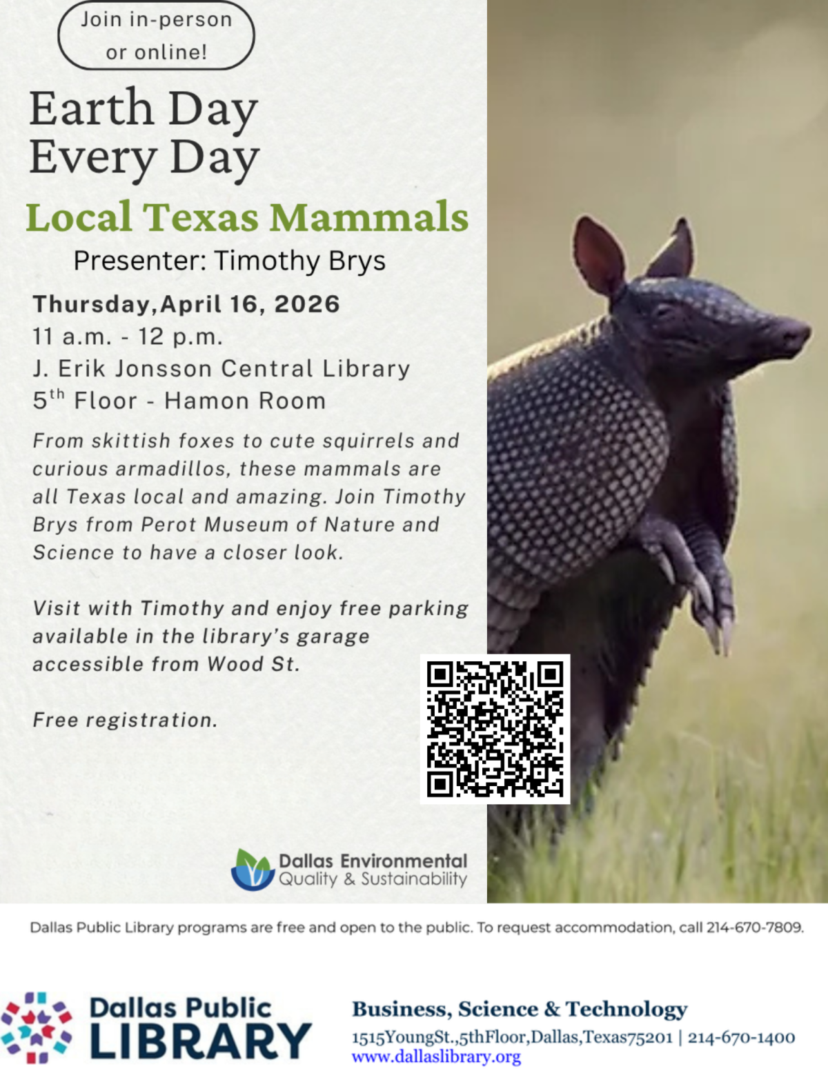 flyer with text and image of armadillo