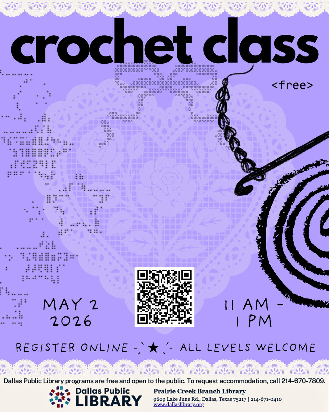 Crochet Class - May 2nd - Registration Required, All Levels Welcome!