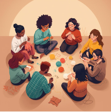 Circle of people crocheting
