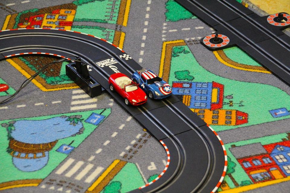 Toy cars on racetrack